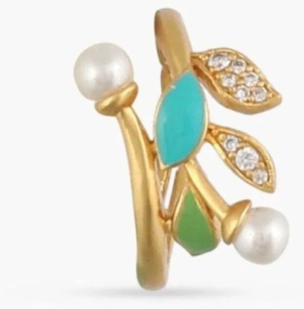 Eriha Pearl Nakshtra Cz Green Leaf Finger Ring
