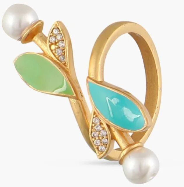 Eriha Pearl Delicate Cz Green Leaf Finger Ring