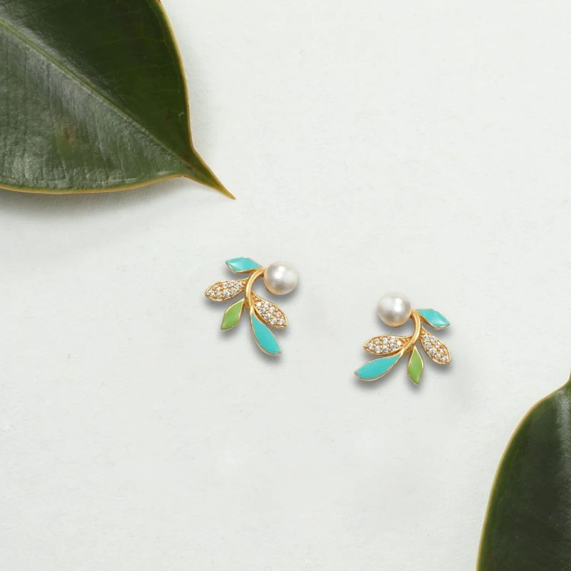 Eriha Pearl Delicate Pink Leaf Stud Earrings