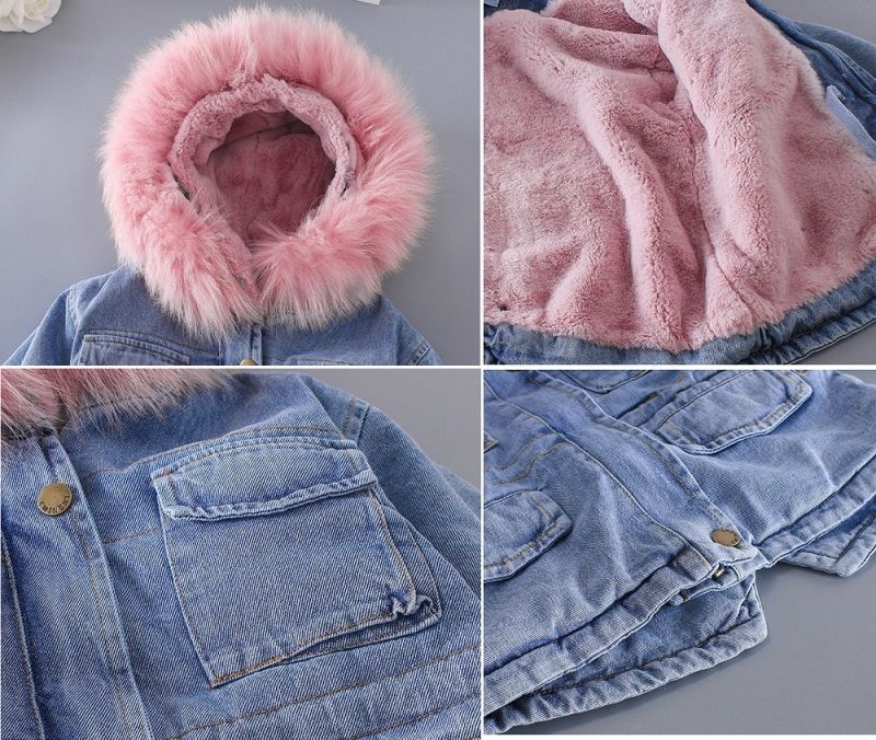 Girls Fur Denim Hoodie Jacket