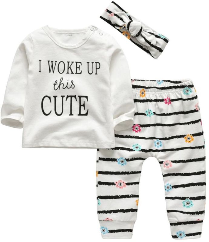 Baby Girl Printed Sweatshirt & Pant Set With Headband