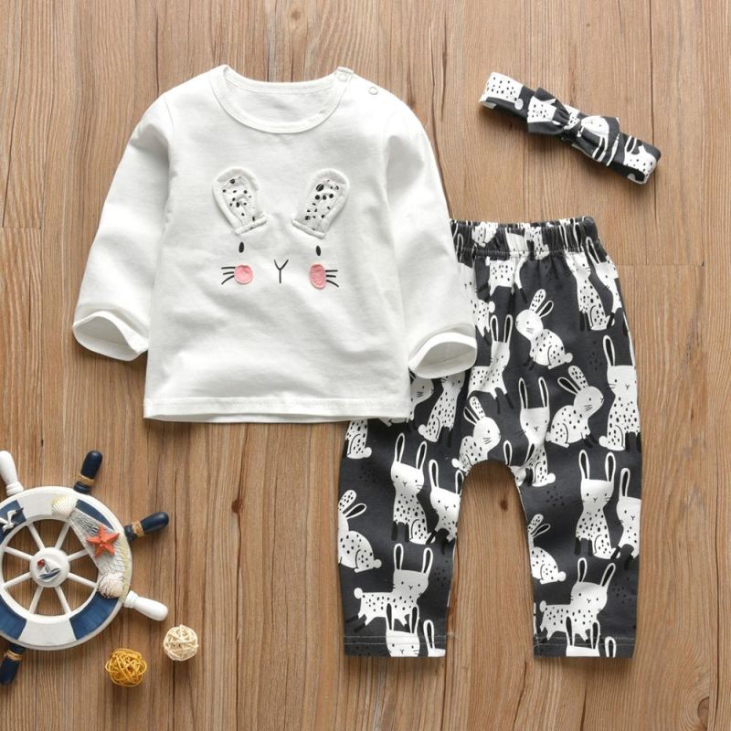 Baby Girl Printed Sweatshirt & Pant Set With Headband