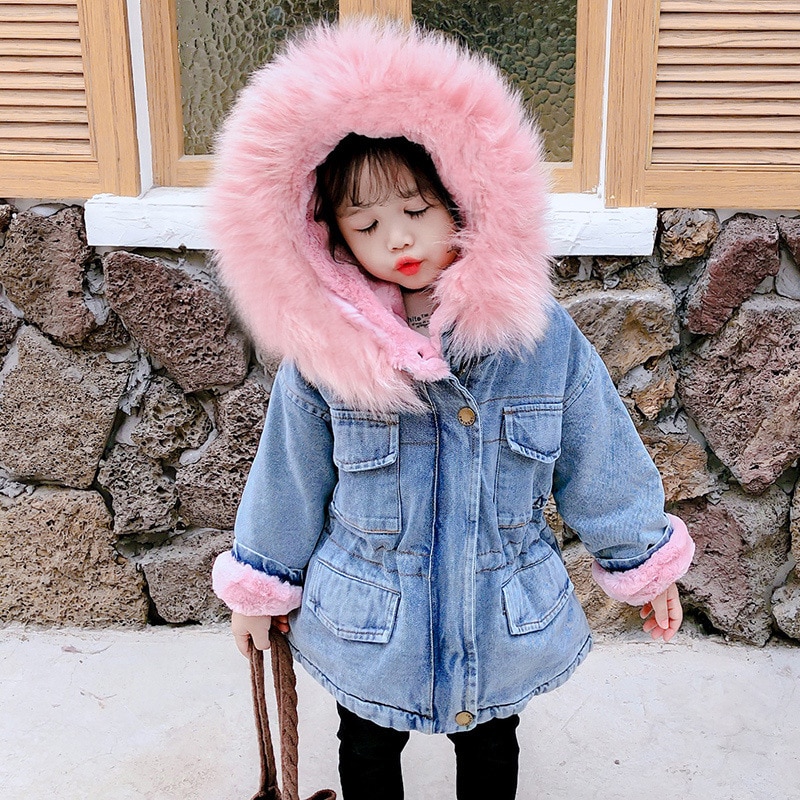 Girls Fur Denim Hoodie Jacket