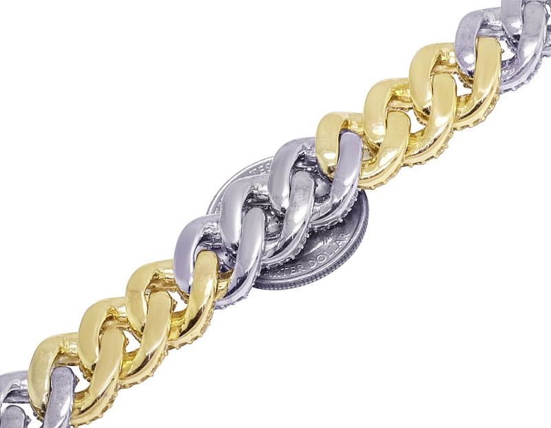 Sterling Silver Yellow Gold Plated Men\'s Bugette And Round Diamond Cuban Chain