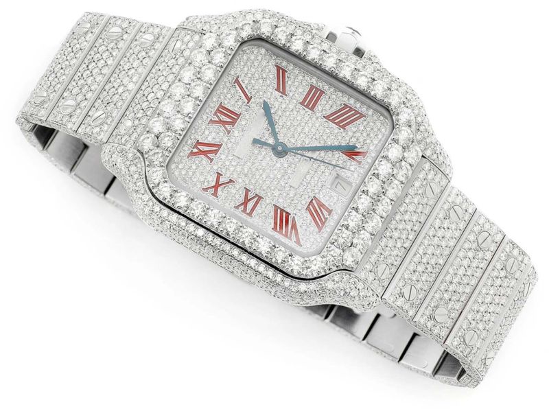 Cartier Red Roman Dial With Moissanite Diamond Hip Hop Men Watch