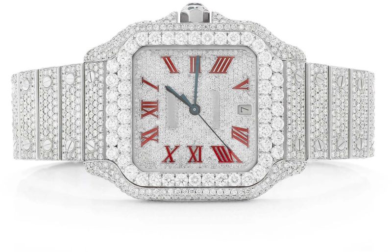 Cartier Red Roman Dial With Moissanite Diamond Hip Hop Men Watch