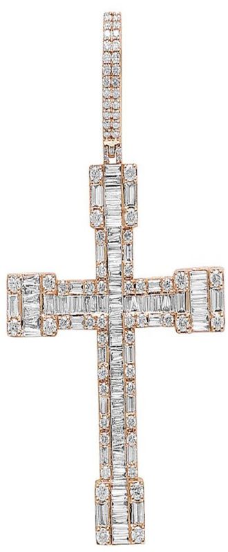 14K Rose Gold Halo Baguette Round Diamond Cross Pendant