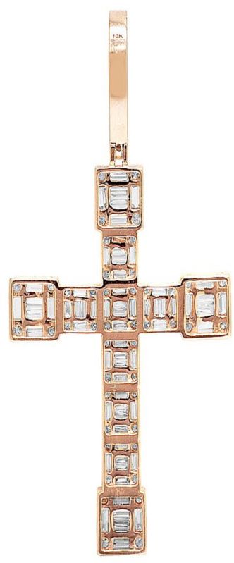 14K Rose Gold Halo Baguette Round Diamond Cross Pendant