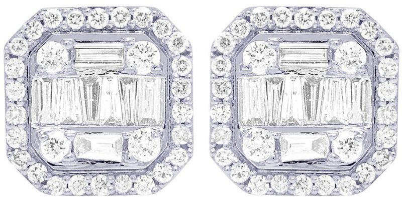 White Gold 10k Round and Baguette Diamond Earrings