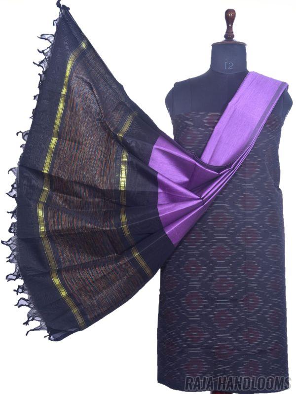 3PC Pochampally Ikat / Ikkat Handloom Cotton Silk Unstitched Dress Material Set for Women - MA002