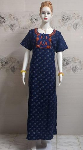 Ladies Blue Embroidered Cotton Nighty