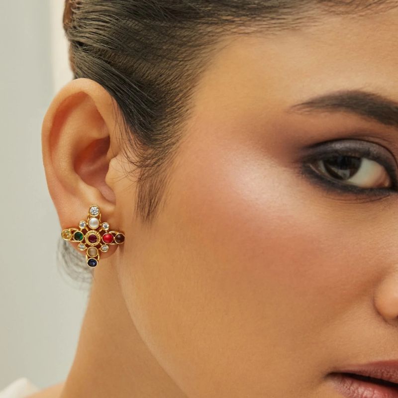 Navaratna Grace Silver Stud Earrings