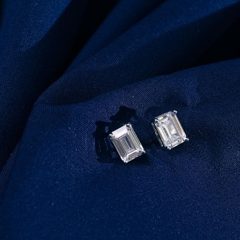 Classic Emerald Cut Cz Solitaire Silver Stud Earrings, Small