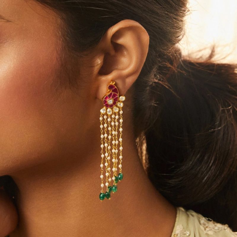 Mayur Jadau AND Pearl Chain Silver Earrings