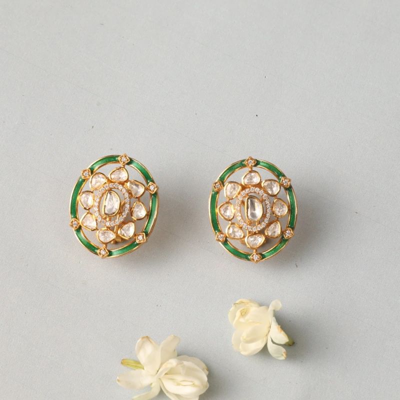 Floral Moissanite Green Enamel Stud Earrings