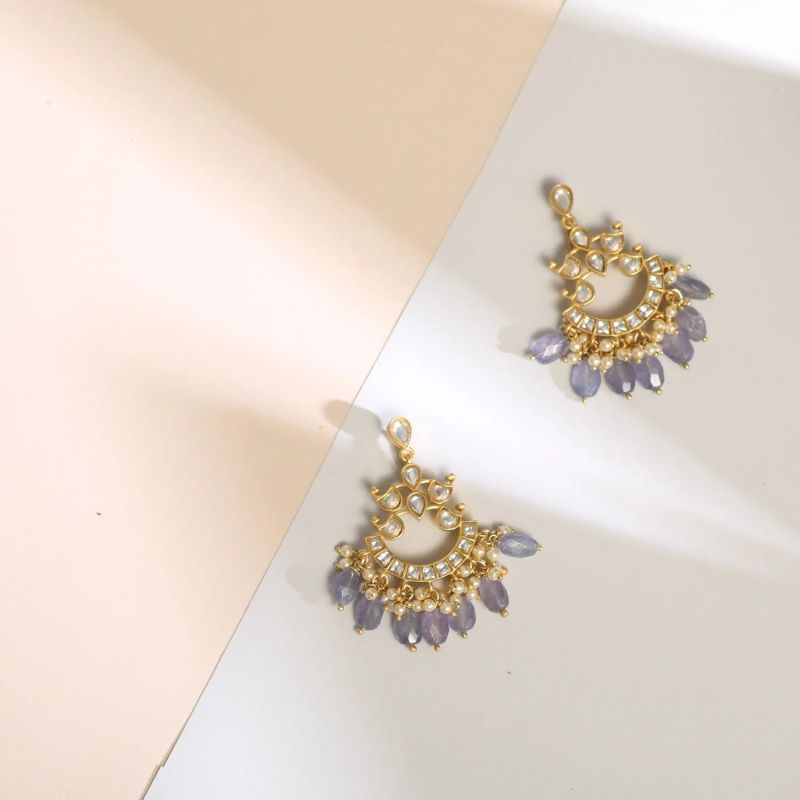 Sapphire Jadau Silver Chandbali Earrings