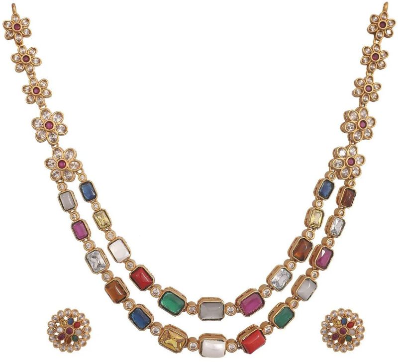 Antique Gold Plated Pahal Navaratna Necklace Earring Set