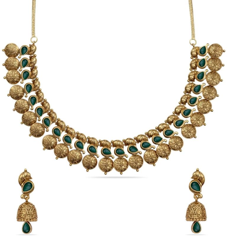 Vachi Antique Temple Green Kempu Necklace Set