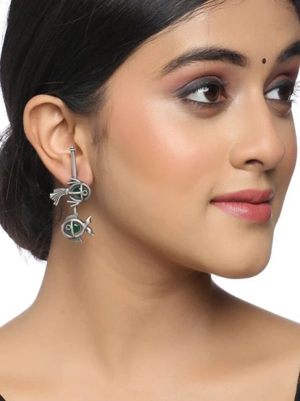 Fish Shape Oxidized Earrings With Green Stone