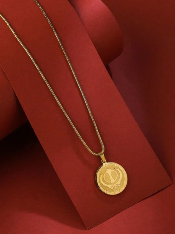 Sikh Khanda Gold Plated Pendant With Chain For Boys