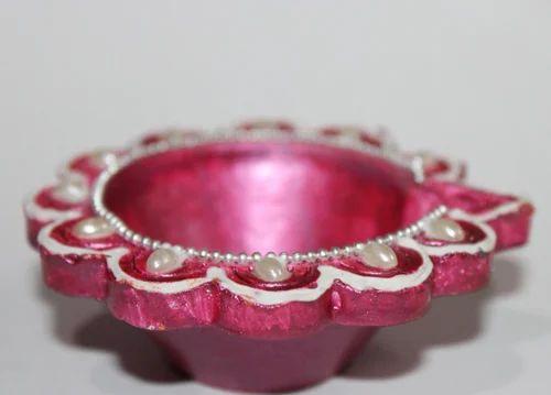 5 Inch Pink White Clay Diya