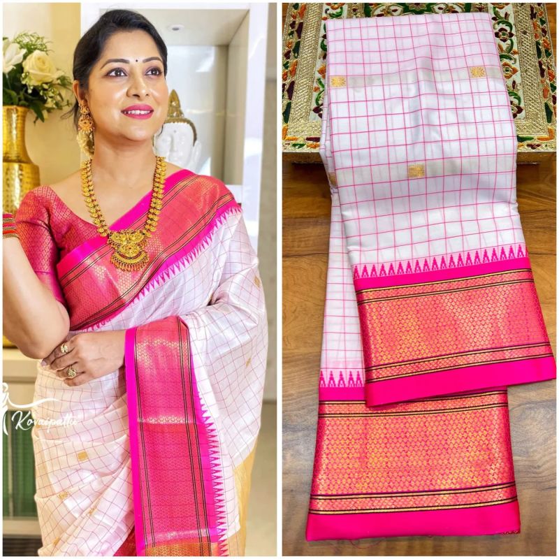 Kadiyal Gridlines White and Pink Paithani Silk Saree