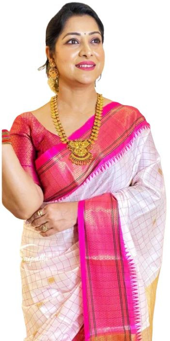 Kadiyal Gridlines White and Pink Paithani Silk Saree