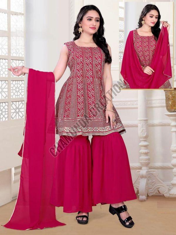 Georgette Ladies Dark Pink Sharara Suit