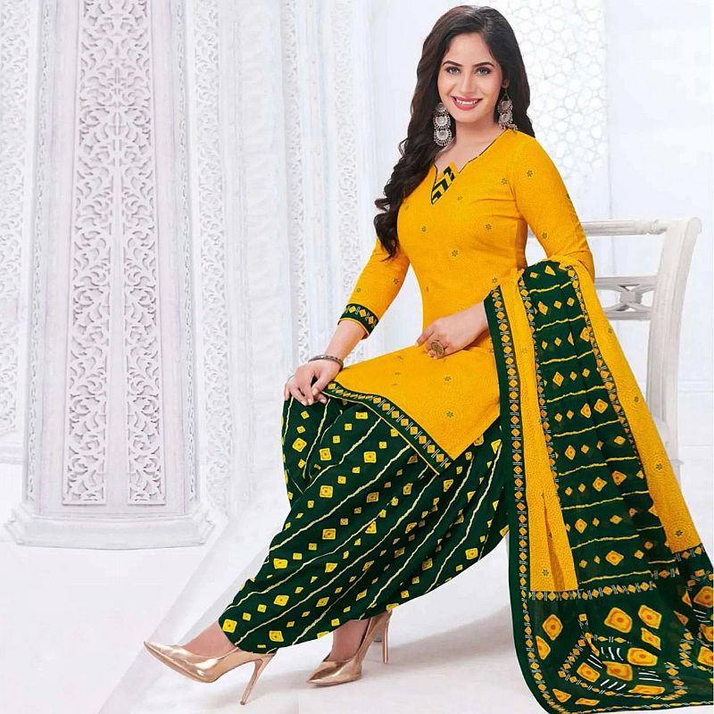 Yellow and Green Cotton Ladies Salwar Suit