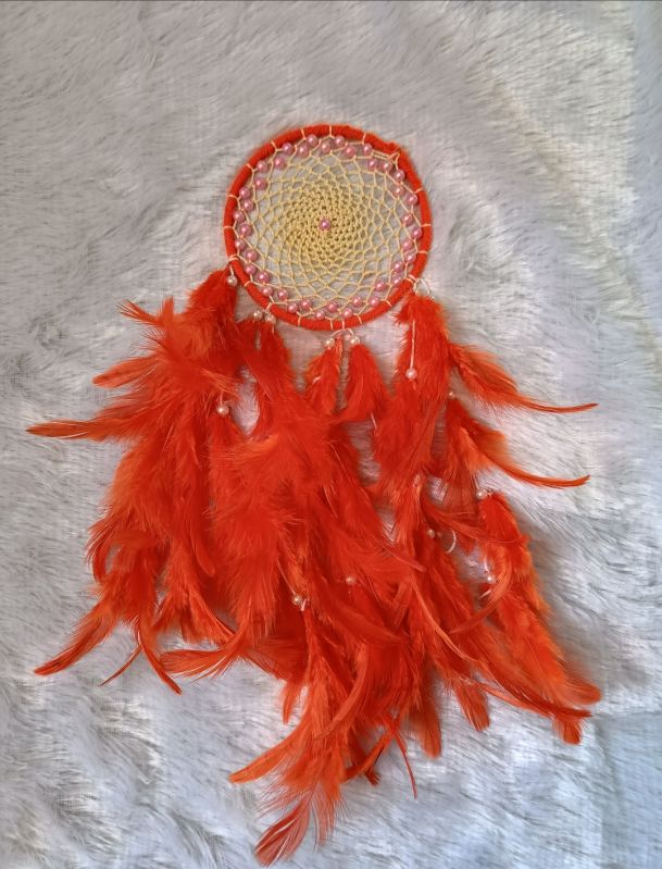 Round 50 Feathers steel Orange dream catcher, for Decoration, Size : 4
