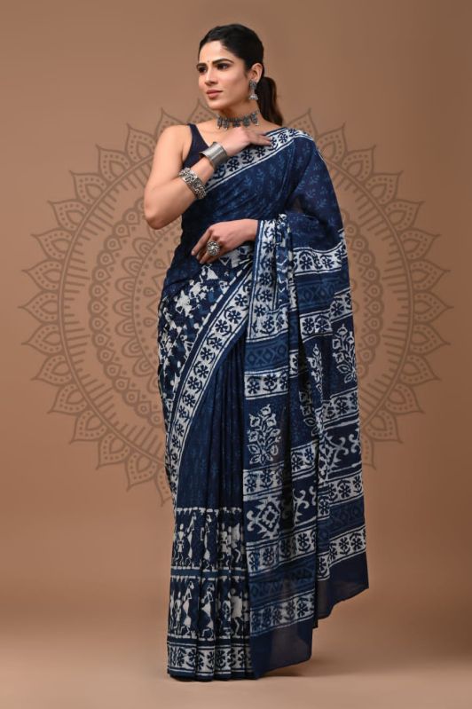 Bagru Hand Block Print Indigo Cotton Mulmul Saree At Rs 750 Piece In