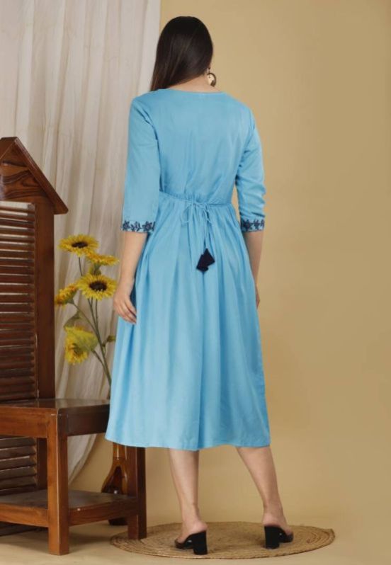 Shree Gulab Sky Women\'s Rayon Embroidered Round Neck 3/4 Sleeves Solid Gown Kurti Pack Of 1