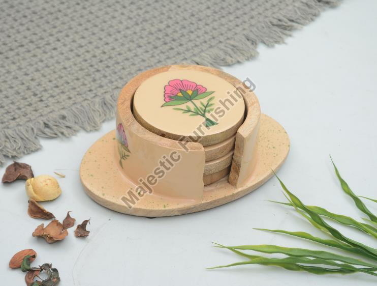 Round French Collection Wooden Coaster with Holder, for Tableware, Size : 9x9x1cm