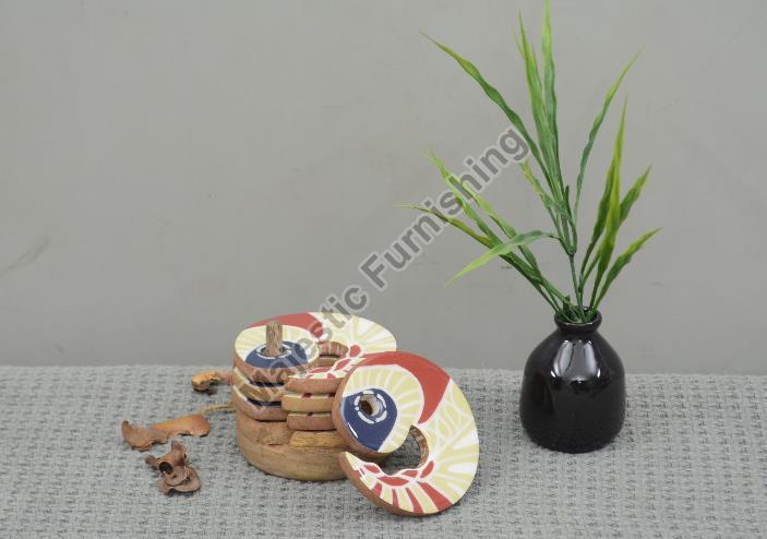 Round Mirage Wooden Coaster with Holder, for Tableware, Size : 10x10x8.5cm