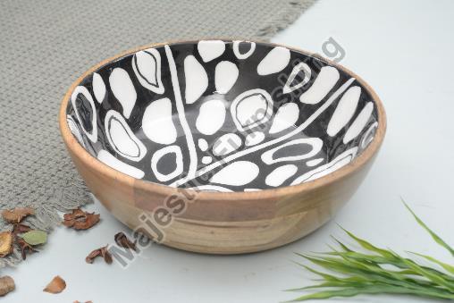 White Black Round Printed Monochrome Wooden Bowl, for Serving Food, Size : 30x30x10cm