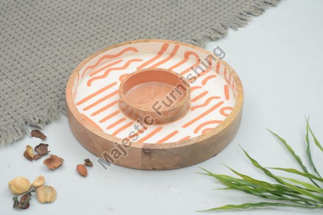 White Peach Round Nutty Crush Wooden Chip Dip Platter, for Serving Food, Size : 25x25x4cm