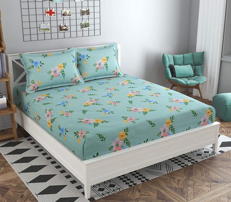 Green Floral Print Polyester Elastic Fitted Bed Sheet, for Home, Size : Multisizes