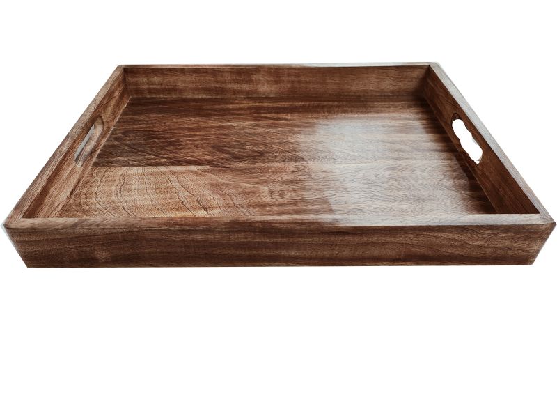 Natural Finish Rectangular Wooden Tray, for Homes, Hotels, Restaurants, Banquet, Wedding, Size : 16x12