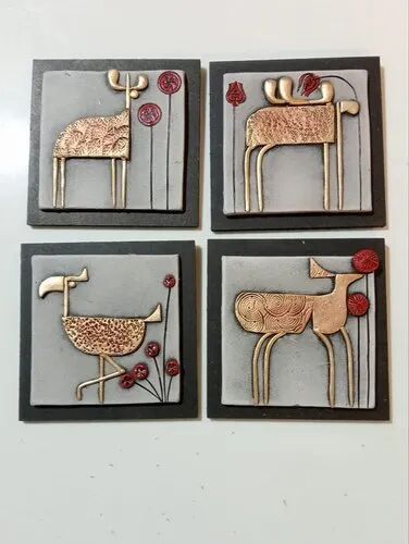 Square Animal Design Terracotta Wall Plate, for Decoration, Gifting, Packaging Type : Thermocol Box