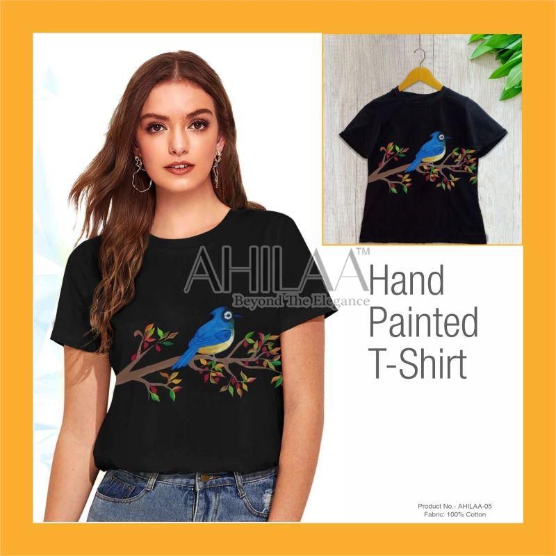 Ahilaa Cotton Bird Hand Painted T-shirt, Feature : Impeccable Finish, Soft Texture, Skin Friendly