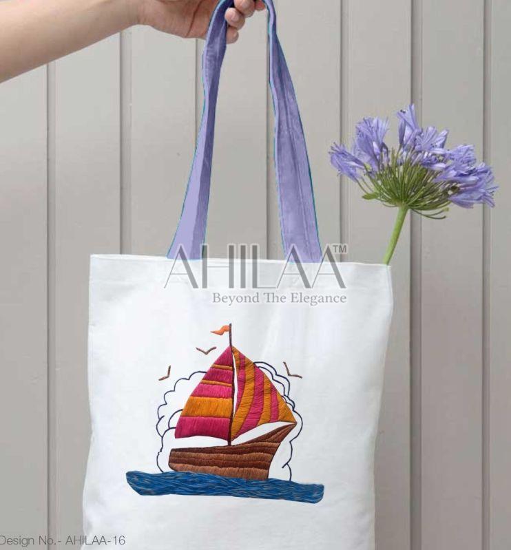 White Sail Boat Hand Embroidery Tote Bag, For Shopping, Grocery