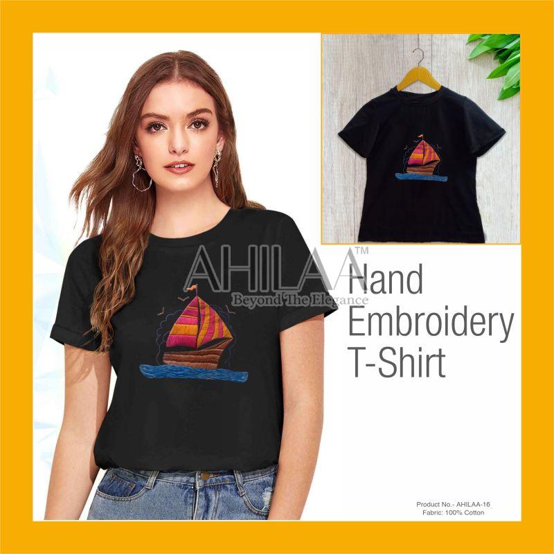 AHILAA Cotton Ship Hand Embroidered T-shirt, Gender : Female
