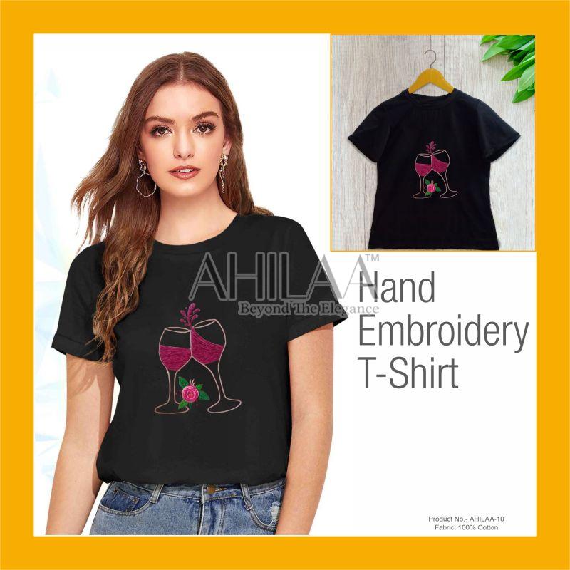 Wine Glass Hand Embroidered T-shirt, Gender : Female