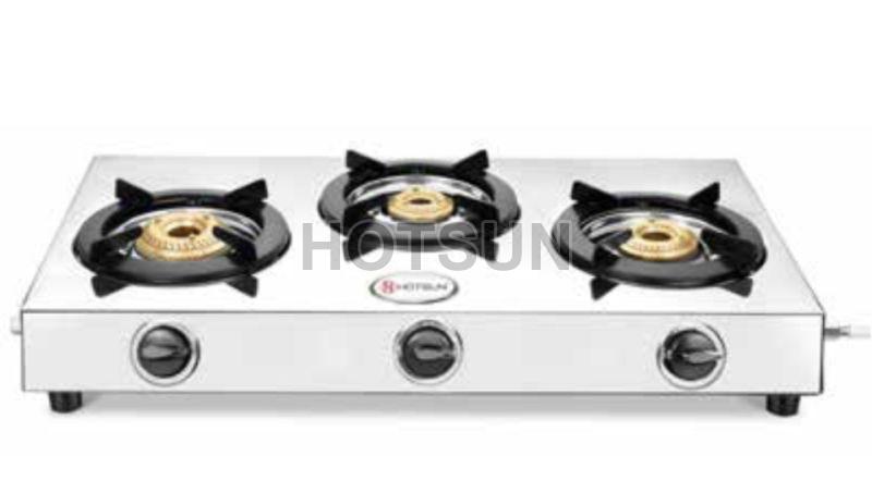 Silver Three Burner Stainless Steel Gas Stove, for Kitchen, Feature : High Eficiency Cooking