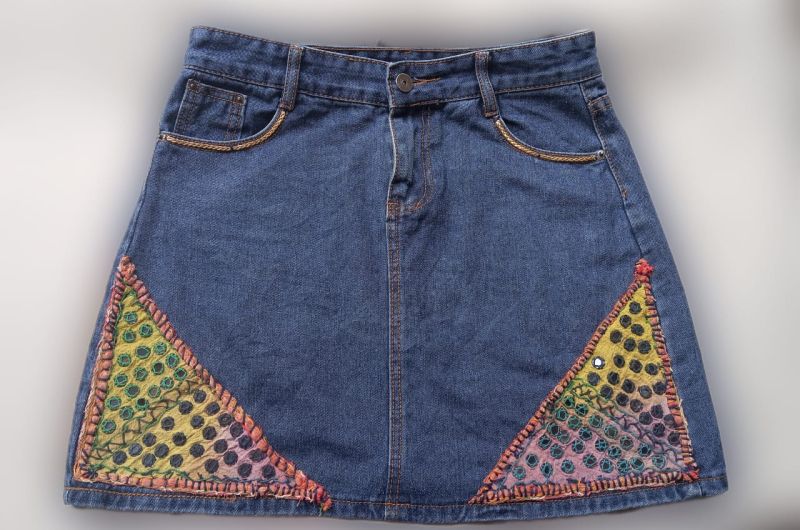 Denim kutch work handmade skirt, Size : 32