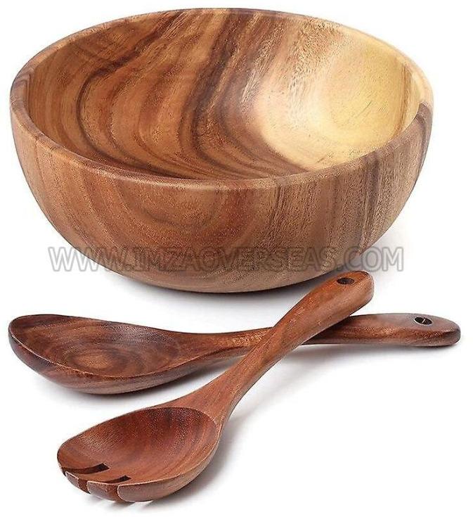 Round Wooden Serving Bowl & Spoons, for Gift Purpose, Hotel, Restaurant, Home, Feature : Durable