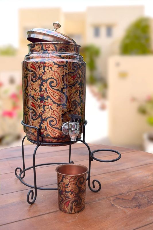 Copper Printed Water Matka with stand
