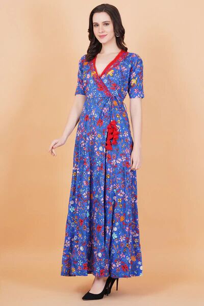 Blue Printed Full Length Kurti Style Dress