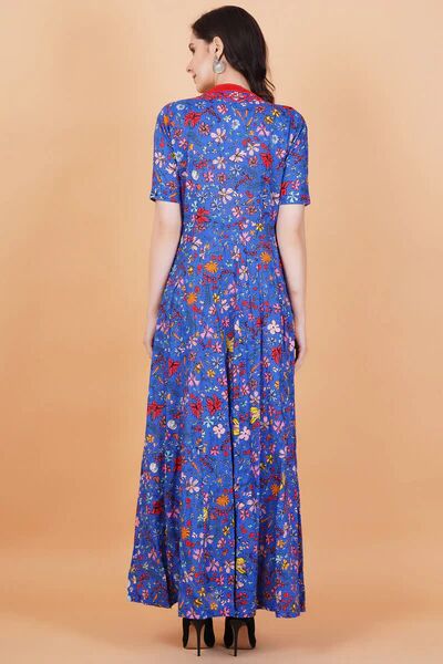 Blue Printed Full Length Kurti Style Dress