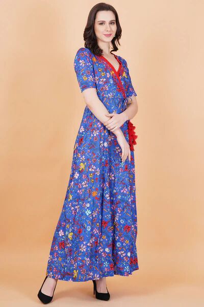 Blue Printed Full Length Kurti Style Dress